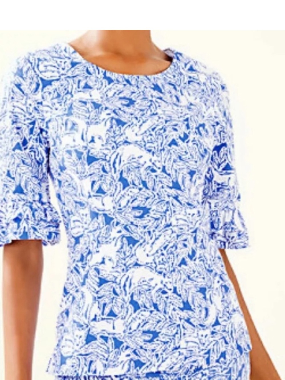 Lilly Pulitzer Blue & White Floral Ruffle Sleeve Top